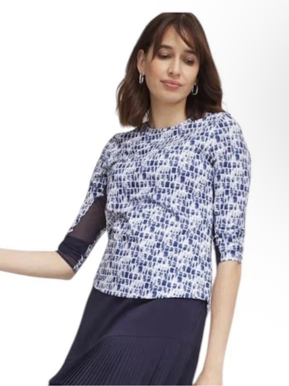 Chico's UPF 50+ Tile Navy Long Sleeve Mesh Inset Stretch Top Sz 1 = Medium